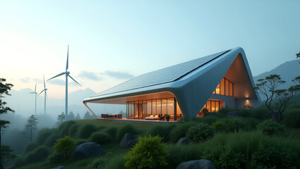 Obraz premium A futuristic, eco-friendly house with sleek solar panels, large glass windows, and wind turbines in a lush green landscape represents sustainable living and modern architecture.