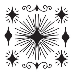 doodle sparkle vector set, sunburst, rays, starburst, hand drawn elements illustration, black lines, outline, decorative, retro style. Suitable for graphic design, illustrations, backgrounds, and web