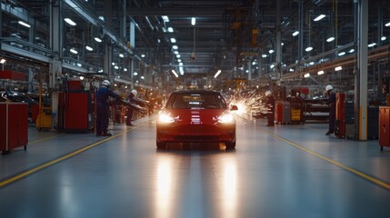 Car manufacturing in factory setting