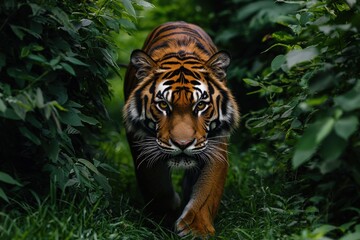 a majestic tiger making eye contact while emerging from dense vegetation, showcasing its striking stripes and captivating gaze