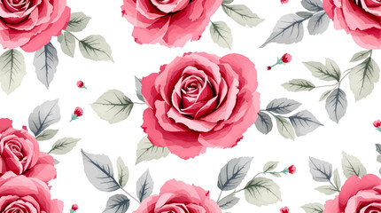 Seamless pattern with watercolor red roses and green leaves on white background