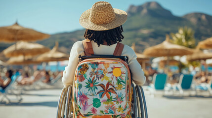Summer escape: Individual enjoying a beach outing, assisted mobility on the sun-kissed sand, embracing freedom and seaside serenity