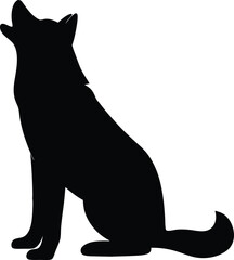 A black silhouette of a dog sitting on its hind legs with its head tilted back, howling