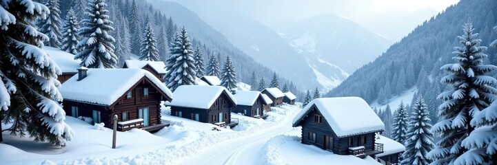 Fototapeta premium Snow-covered houses and trees in a quaint village in the Ural mountains during winter, quaint, Baranchinsky