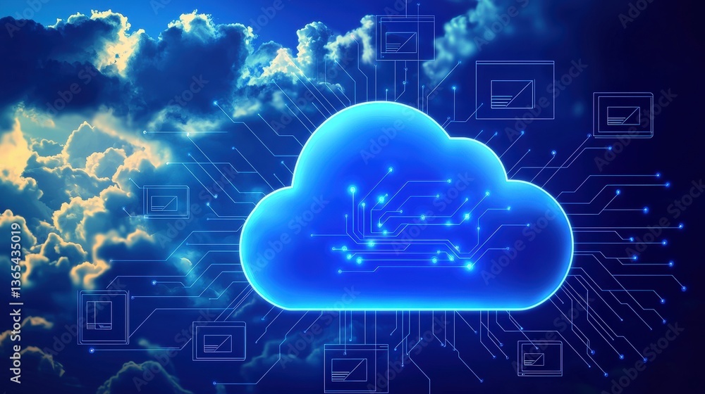 Poster a digital cloud symbol surrounded by circuits, representing cloud computing and technology, set agai
