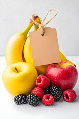 Fruit display with bananas, apples, raspberries, and blackberries Tag