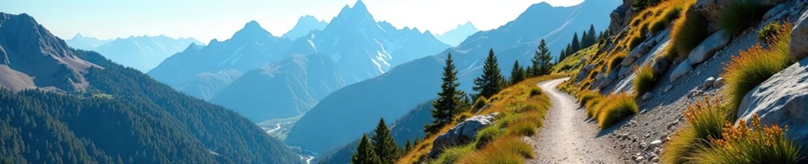 Obraz premium Scenic mountain trail winding through majestic landscapes, showcasing breathtaking views of rocky terrain, inviting outdoor enthusiasts to explore nature's beauty, trail, outdoor