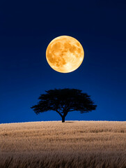 Full moon over a solitary tree in a golden field at night