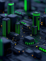 Futuristic cityscape integrated into a circuit board