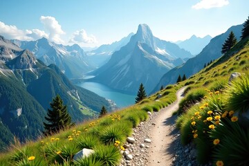 Obraz premium Scenic mountain trail with breathtaking views, inviting outdoor enthusiasts to explore nature's majestic beauty and rocky landscapes, scenic, breathtaking