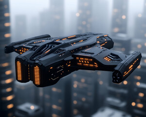 Futuristic Dark Spaceship Hovering Above City
