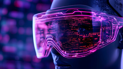 Futuristic goggles displaying binary code on a person's face, set against a vibrant background
