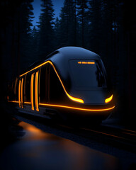 Futuristic high-speed train traversing a dark forest at night, illuminated by glowing lines