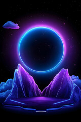 Futuristic, neon-lit, cosmic landscape with a large, glowing circle