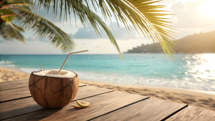 Refreshing Coconut Drink on a Tropical Beach.