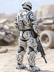 Futuristic soldier in white armor, rear view, desert setting