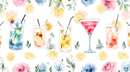 Vibrant watercolor illustration of various tropical cocktails with umbrellas and fresh fruit	