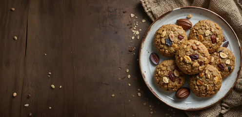 Fototapeta premium Faked oatmeal cookies arranged on a plate, featuring nuts and dried fruits. The rustic background enhance the homemade feel of the treat