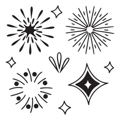 doodle sparkle vector set, sunburst, rays, starburst, hand drawn elements illustration, black lines, outline, decorative, retro style. Suitable for graphic design, illustrations, backgrounds, and web