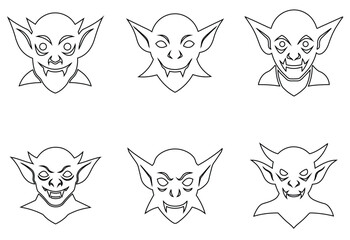 Set of Black and White Goblin and Vampire Face Line Art Icons