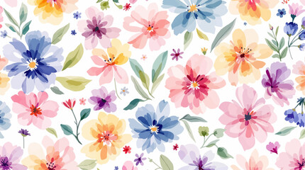 Watercolor floral seamless pattern with hand-painted blush pink flowers and green leaves on white background. Botanical print.	