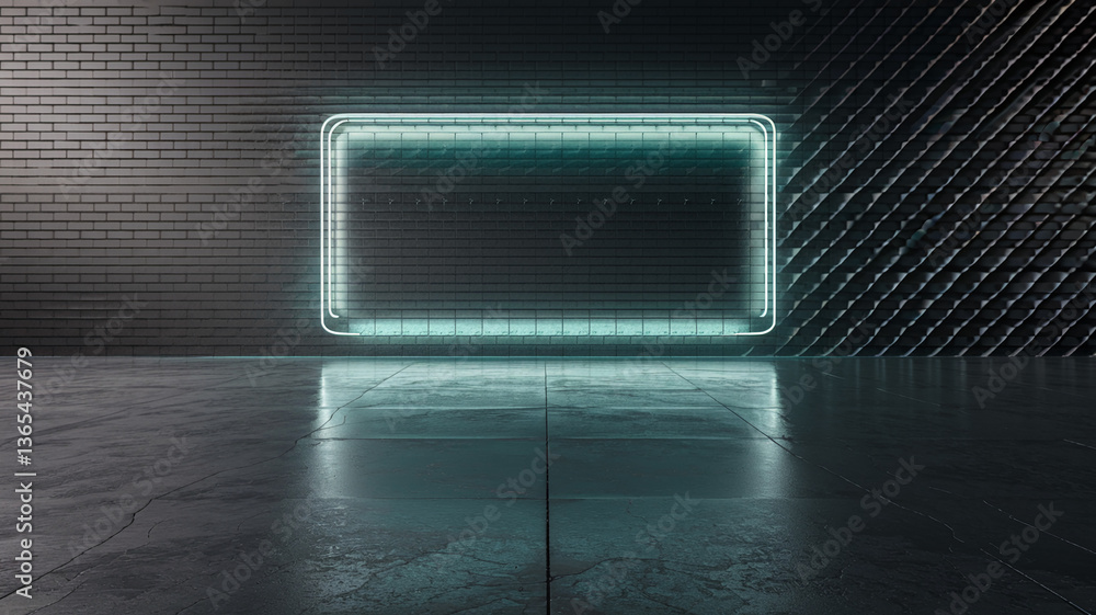 Aufkleber Neon light frame on brick wall background, showcasing empty space ideal for text or product placement, creating a modern and sleek display