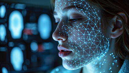 Woman with digital face mapping in a high-tech environment  