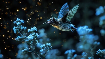 Blue Agave Threatened Future of Tequila Bat Pollination Illustrate Blue Agave plant Agave tequilana under starry Mexican night Lesser Long Nosed Bat hovers nearby extending tongue into plant nectar