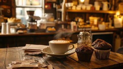 Fototapeta premium A charming bakery table with a hot mocha, chocolate muffins, and a warm, inviting atmosphere.
