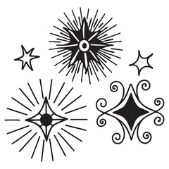 doodle sparkle vector set, sunburst, rays, starburst, hand drawn elements illustration, black lines, outline, decorative, retro style. Suitable for graphic design, illustrations, backgrounds, and web