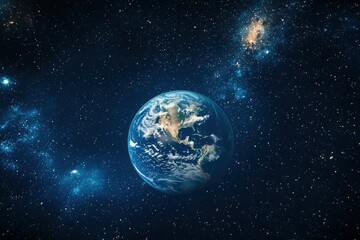 Obraz premium a mesmerizing view of planet earth floating in the vastness of space, captured from a distance, revealing the beauty of our home. The image showcases the continents, oceans, and swirling clouds.