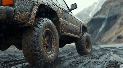 Muddy SUV on a rough terrain