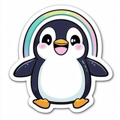 Fototapeta premium Adorable Cartoon Penguin Under a Rainbow Sticker