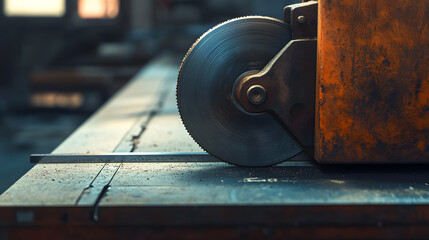 circular saw with sharp blade is cutting through metal sheet on industrial workbench, creating sparks. scene is set in workshop with focus on precision and craftsmanship