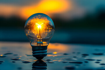 Glowing light bulb on wet surface at golden sunset. Concept of creativity, bright ideas, innovation, and inspiration with warm reflections and bokeh.
