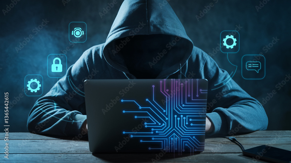 Poster hooded figure using laptop, circuit pattern displayed, symbolizes cyber security, hacking, or data b