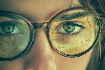 Intense close‑up of eyes behind round glasses with text reflections. Concept of focus, reading, intellect, analysis, and curiosity in moody light.