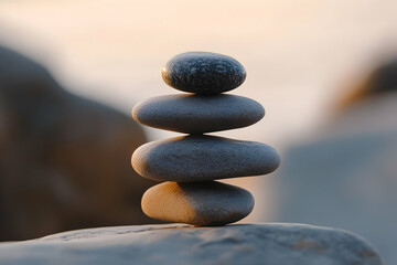 Smooth stones stacked in balance at sunset on the beach. Minimal zen scene symbolizing harmony, mindfulness, patience, and peaceful coastal meditation.