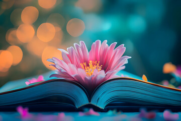 Pink flower blooming from an open book with dreamy bokeh. Romantic concept of literature, creativity, education, and inspiration in soft pastel tones.