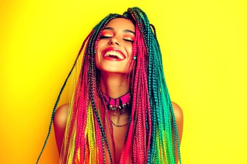 Commercial ad campaign conceptual art visual visual design. Stunning happy mixed-race girl - for ads, magazine ad and web use. Long hairdo - braids hair. Vibrant hair portrait concepts.