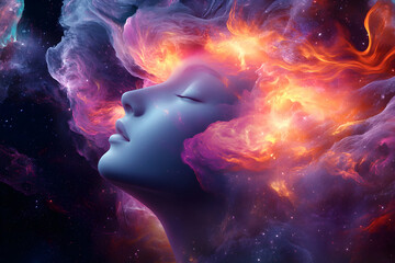 Ethereal female profile merging with glowing nebula clouds in space. Surreal cosmic dream image symbolizing imagination, creativity, and inner universe.