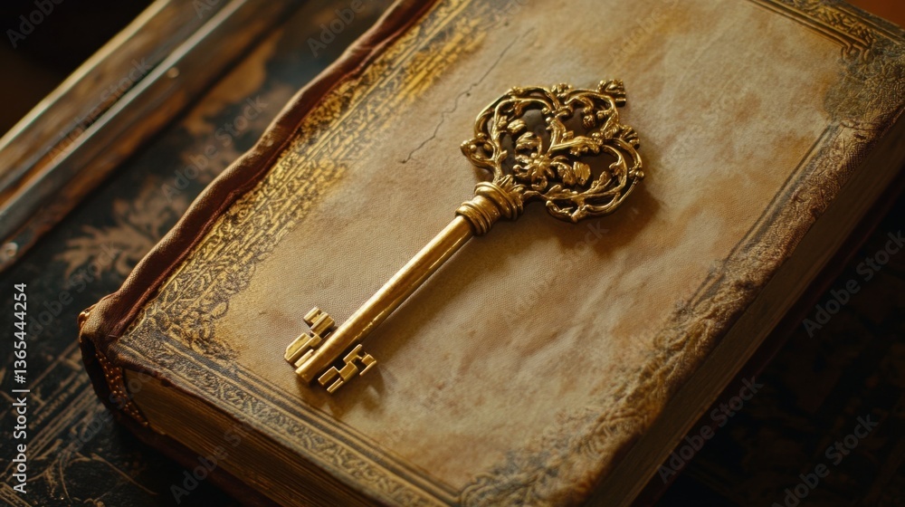 Poster a golden key with an ornate handle resting on an antique book, leaving text space.