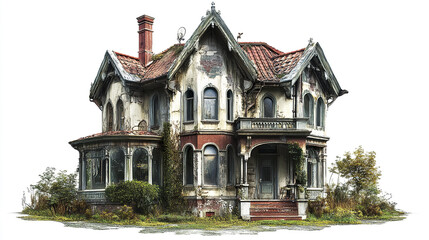 Obraz premium Aged Victorian house with overgrown plants and weathered facade
