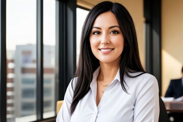Smiling Older Businesswoman in a stylish business outfit standing at modern coworking space