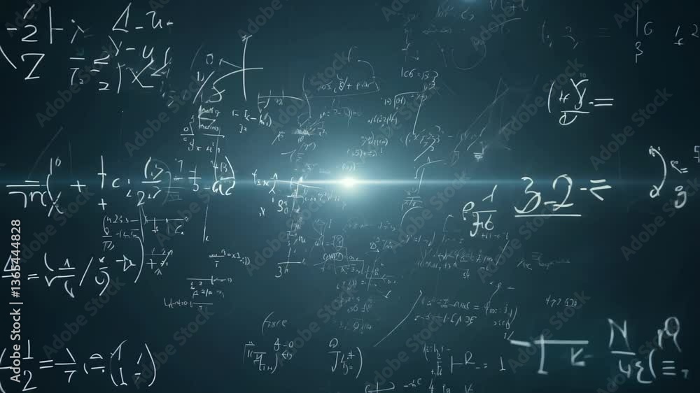 Poster matrix of glowing mathematical symbols and formulas with complex diagrams and figures on dark backgr