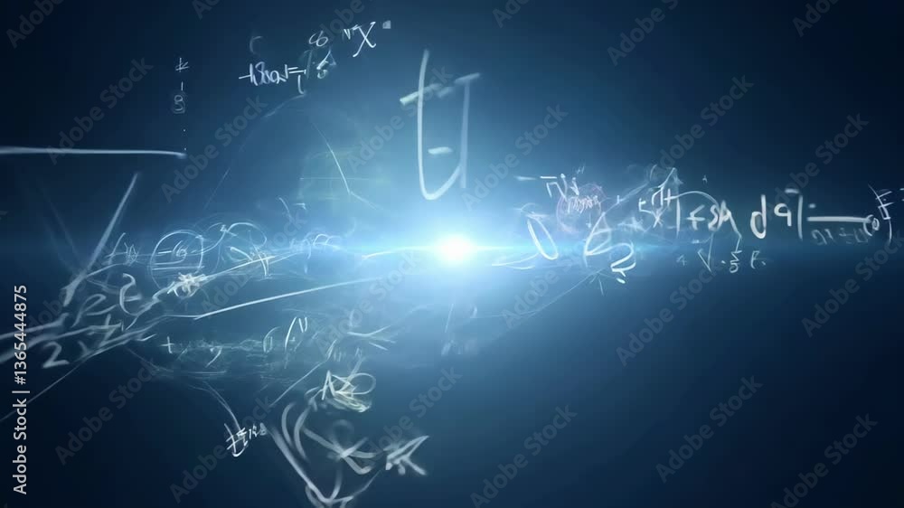 Poster glowing mathematical symbols and formulas in abstract space. concept of advanced calculations, compl