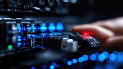 Server rack connection in progress.  Close-up of a hand connecting a network cable to a server.  Glowing blue and red lights indicate activity.  Dark, professional server room environment