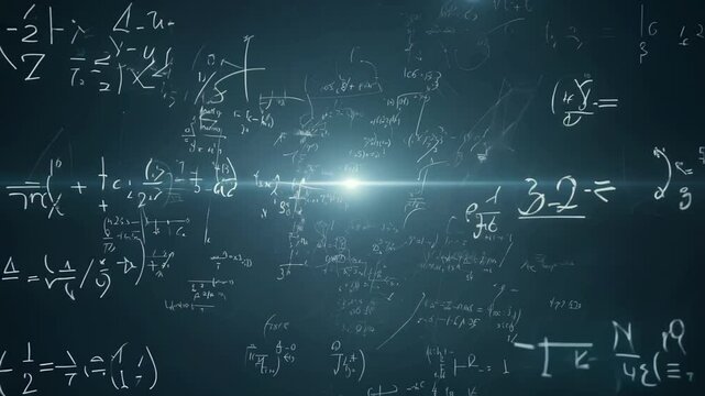 Matrix of Glowing Mathematical Symbols and Formulas with Complex Diagrams and Figures on Dark Background. science, physics, complex equations, data analysis, futuristic learning