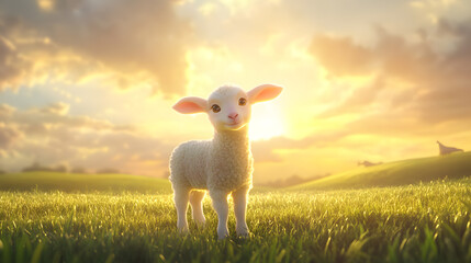 Fototapeta premium cute lamb stands on grassy field under warm morning light, with serene sunrise in background. peaceful scene captures essence of nature and tranquility