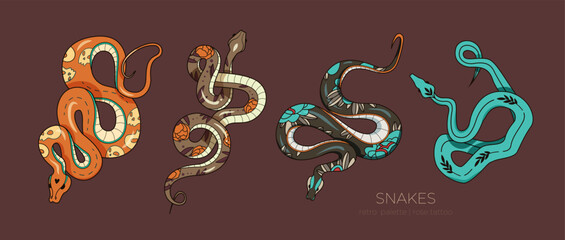 Vector illustration of elegant snakes with floral and geometric patterns in a retro color palette. A trendy, mystical design perfect for tattoos, stickers, fashion prints, and modern decor.